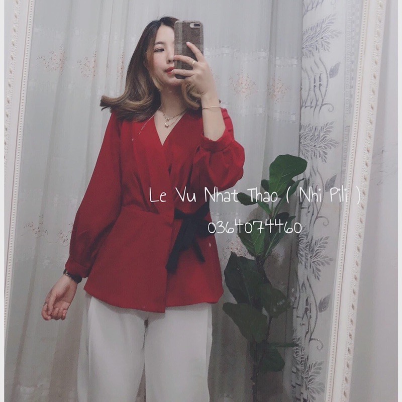 ÁO PEPLUM ĐỎ CỔ ĐẮP THẮT NƠ ĐEN