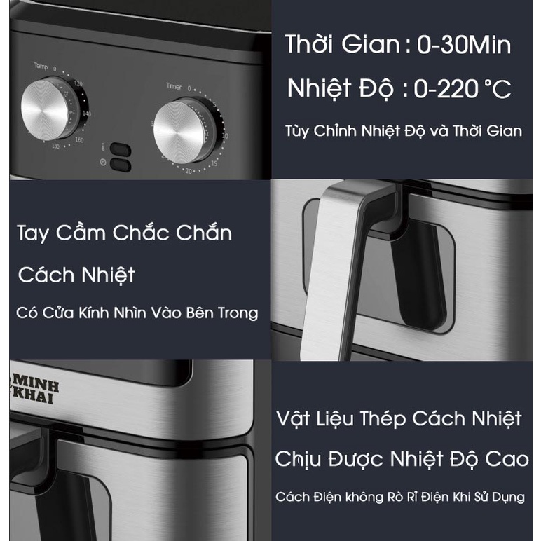 Nồi Chiên Không Dầu 6L MINH KHAI , Vỏ Bằng Thép - Có Cửa Kính - Hàng Chính Hãng