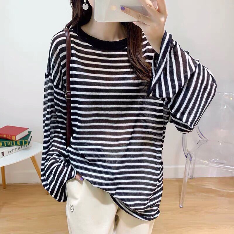 áo len mỏng dáng oversize - sọc kẻ ngang basic (6320#)