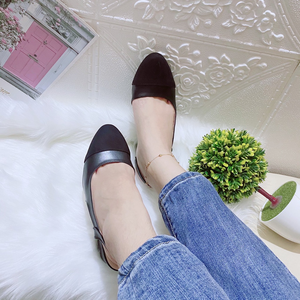 Sandal cao gót vá mũi da lộn cha neo gót vuông 5p đơn giản cực đẹp thanh lịch