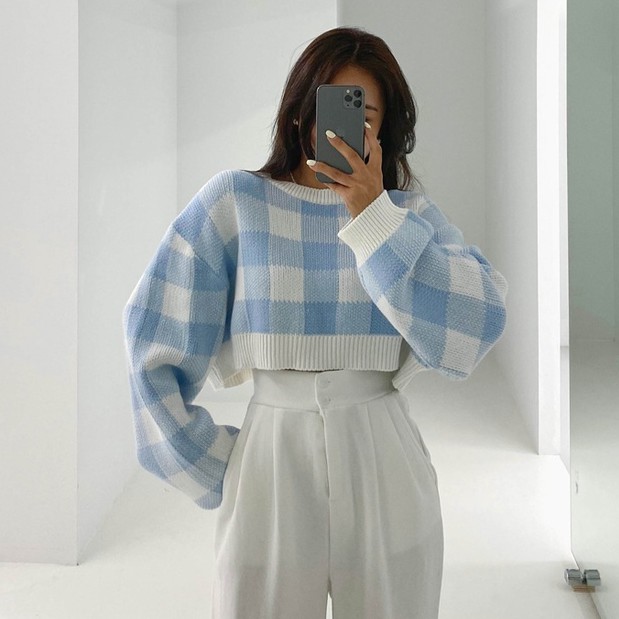 QADCOL Áo sweater croptop tay dài họa tiết caro xinh xắn thời trang cho nữ