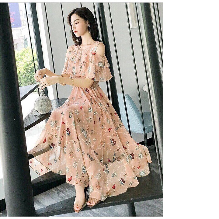 Đầm Maxi Họa Tiết Mới Khoét Vai
