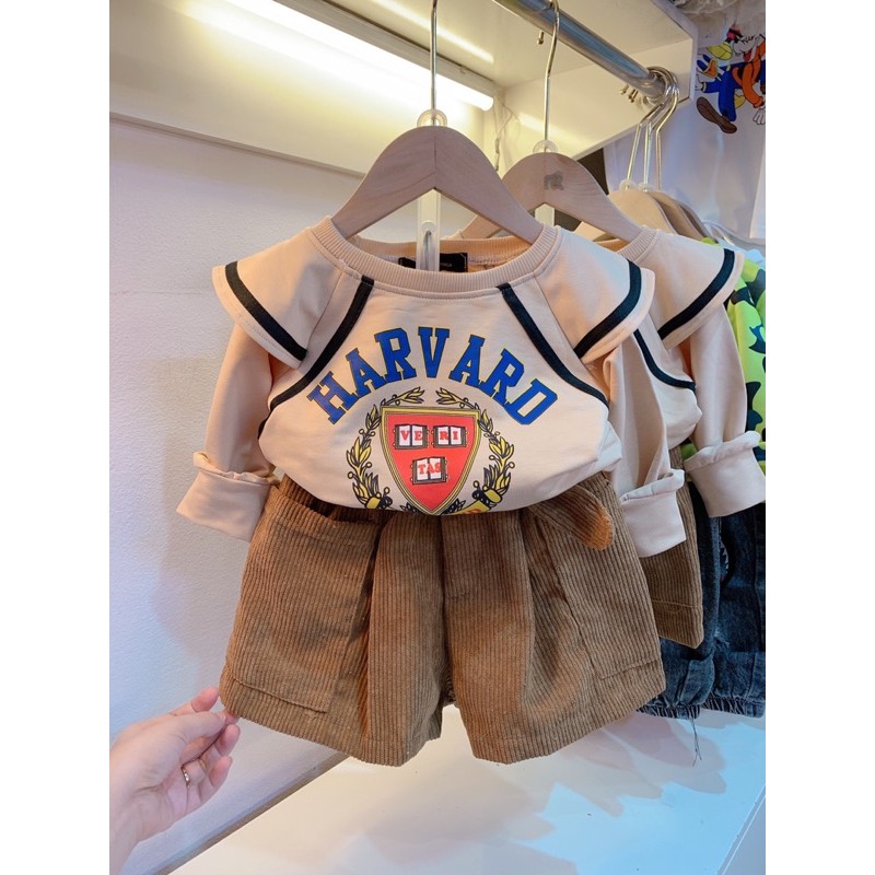 Bán sỉ Set áo nỉ be HARVARD+quần sooc nhung bé gái