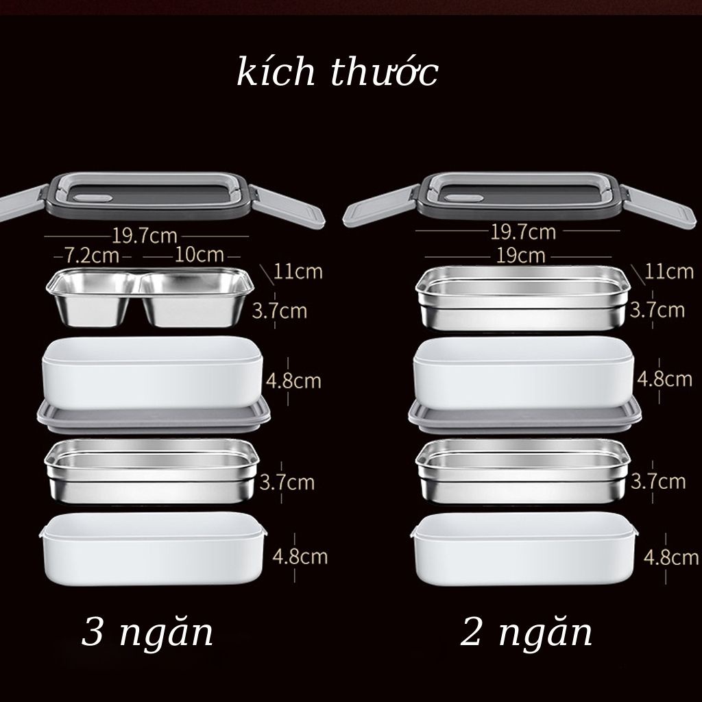 Hộp cơm văn phòng giữ nhiệt 2 tầng 3 ngăn inox 304, tặng kèm túi đựng cách nhiệt 3 lớp và đũa thìa
