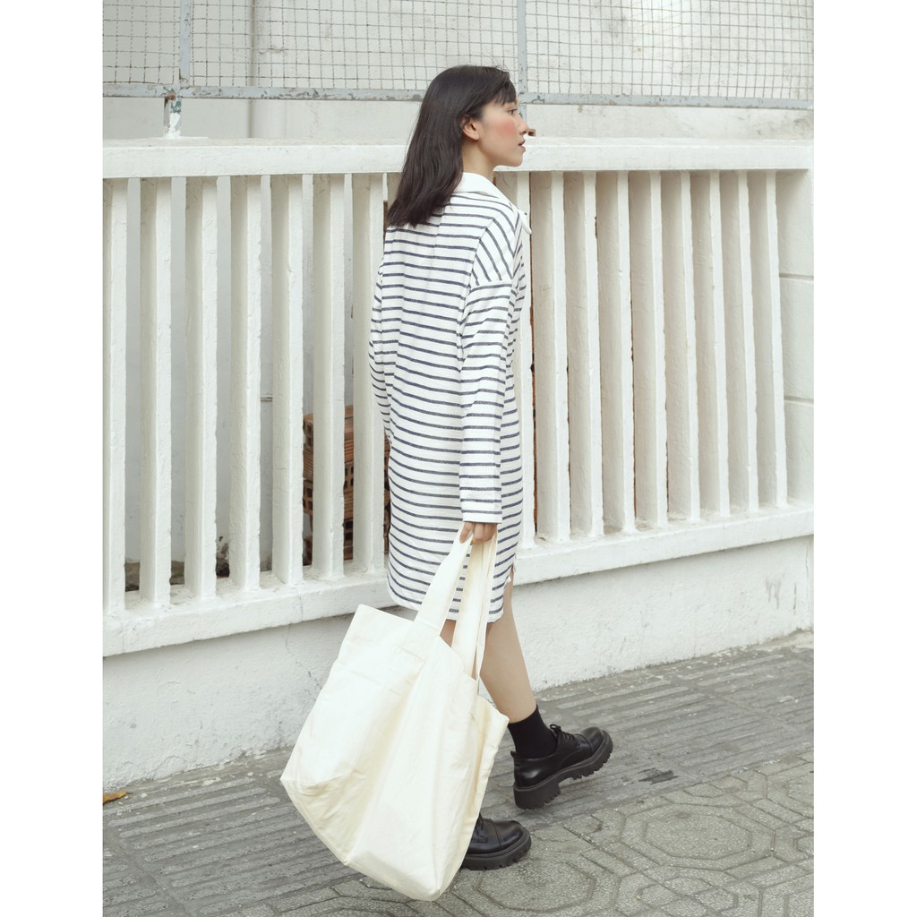 Đầm nữ cổ polo kẻ sọc tay lửng thời trang GAGO open collar stripe mini dress sọc trắng đen GG3192 | BigBuy360 - bigbuy360.vn