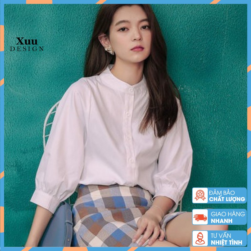 Áo Sơ Mi Nữ Trắng tay bồng Xuu Design, Áo nữ kiểu cổ tàu dáng basic chất mềm mát SM11 - Hàng nhập khẩu