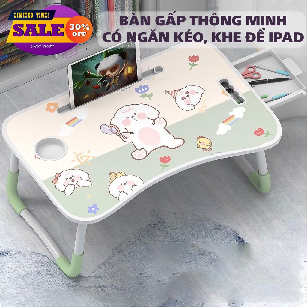 Bàn gấp gọn thông minh Có khay cắm iPad, Ngăn tủ đựng bút, kích thước 40x60cm( giao hình ngâu nhiên)