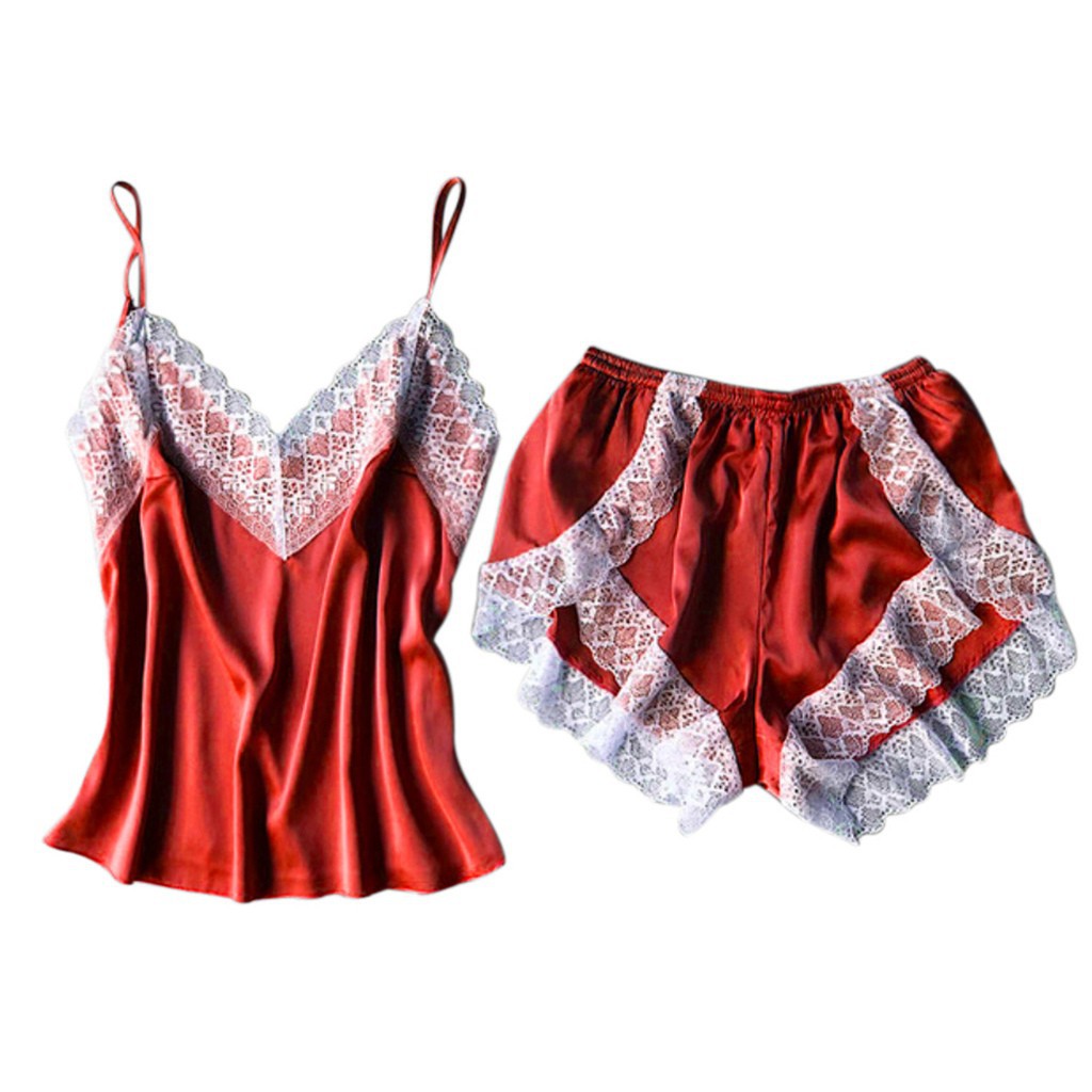 Bộ đồ ngủ phối ren hoa áo 2 dây cổ chữ V + quần ngắn quyến rũ cho nữ | BigBuy360 - bigbuy360.vn