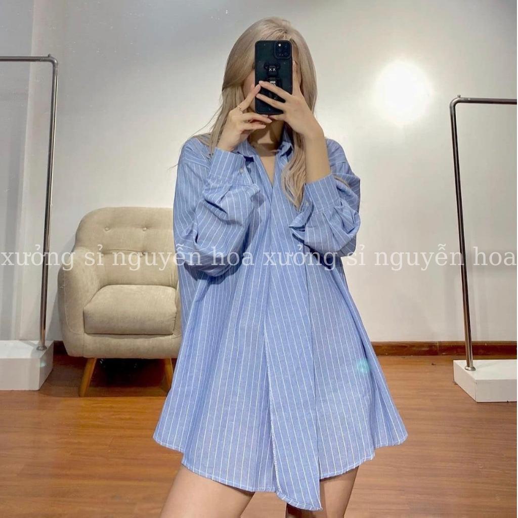Áo sơ mi nữ dài tay oversize 1 cúc đắp chéo 2 màu trắng kẻ xanh phong cách hàn quốc cá tính Xưởng Sỉ Nguyễn Hoa
