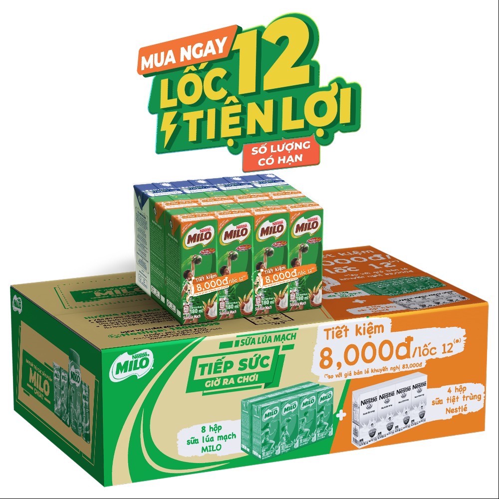 Thùng 48 hộp sữa Nestlé MILO + Sữa Nước Có Đường Nestlé - Phiên bản lốc 12 (180ml/hộp)