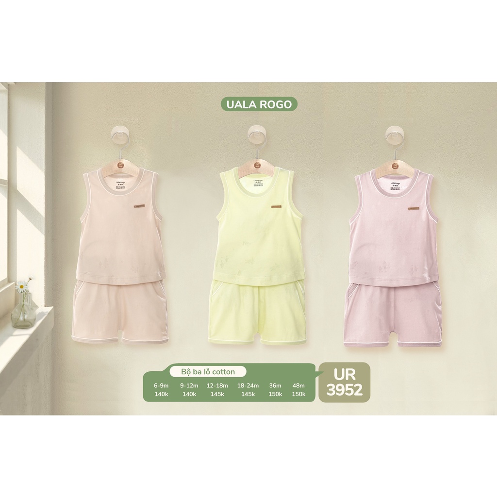 Bộ ba lỗ Uala Rogo chất vải cotton cao cấp thoáng mát thấm hút tốt trơn vân họa tiết ẩn cho bé trai bé gái 3952