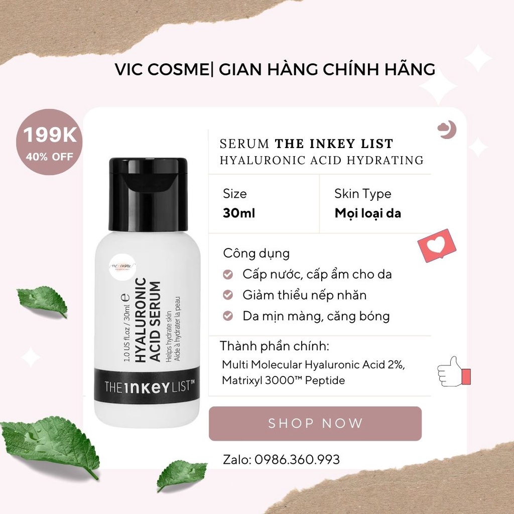 Serum dưỡng ẩm phục hồi da The Inkey List Hyaluronic Acid 30ml