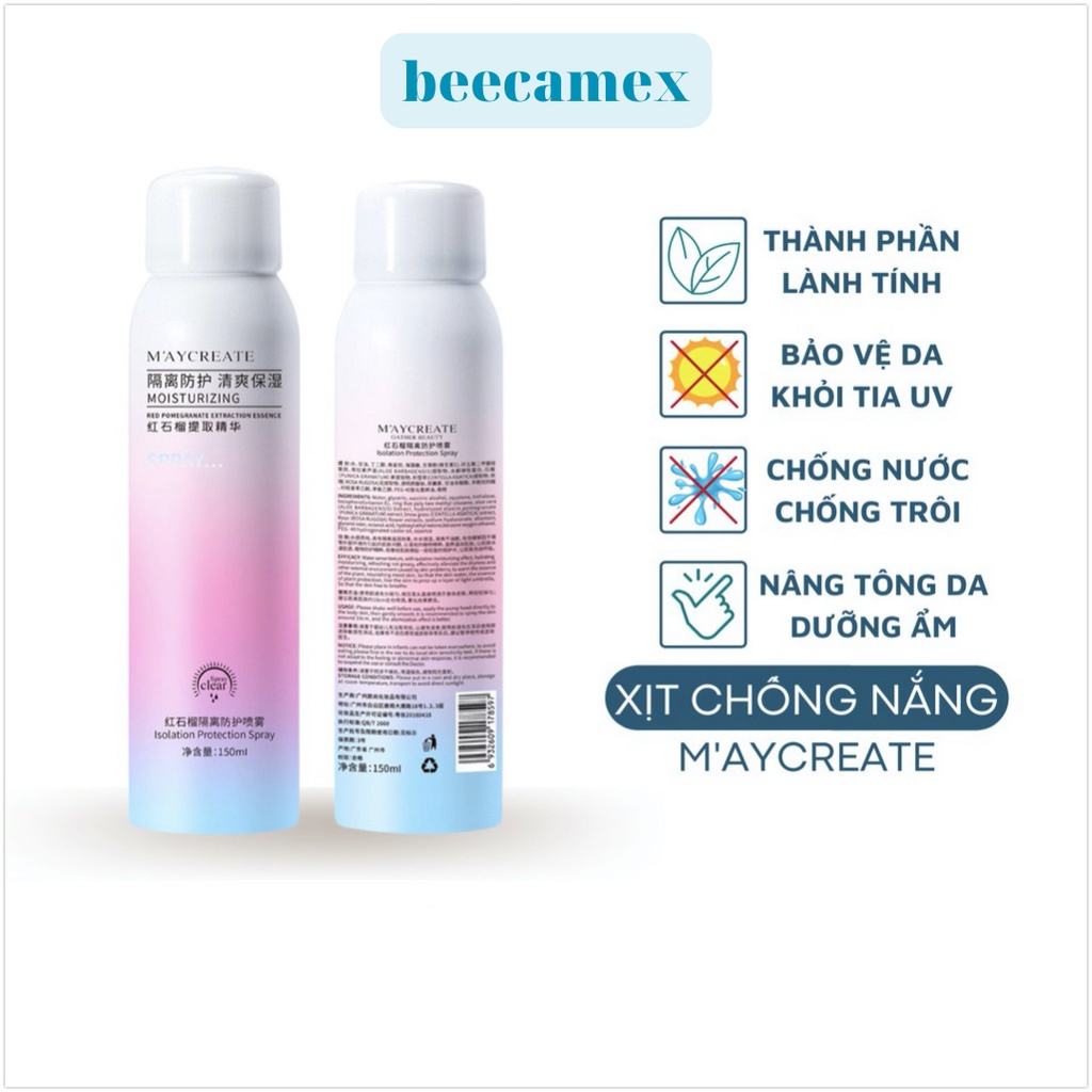 Xịt Chống Nắng Trắng Da Maycreate Chống Nước, Nâng Tông Da 150ml