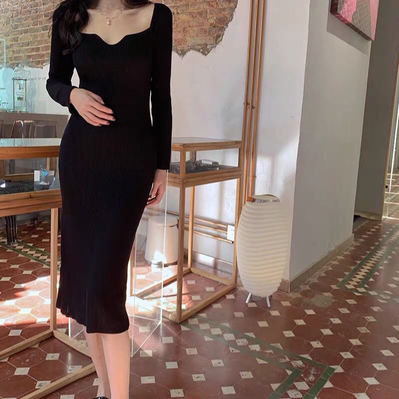 COZOK Đầm dài cổ vuông nhấn eo phong cách cổ điển