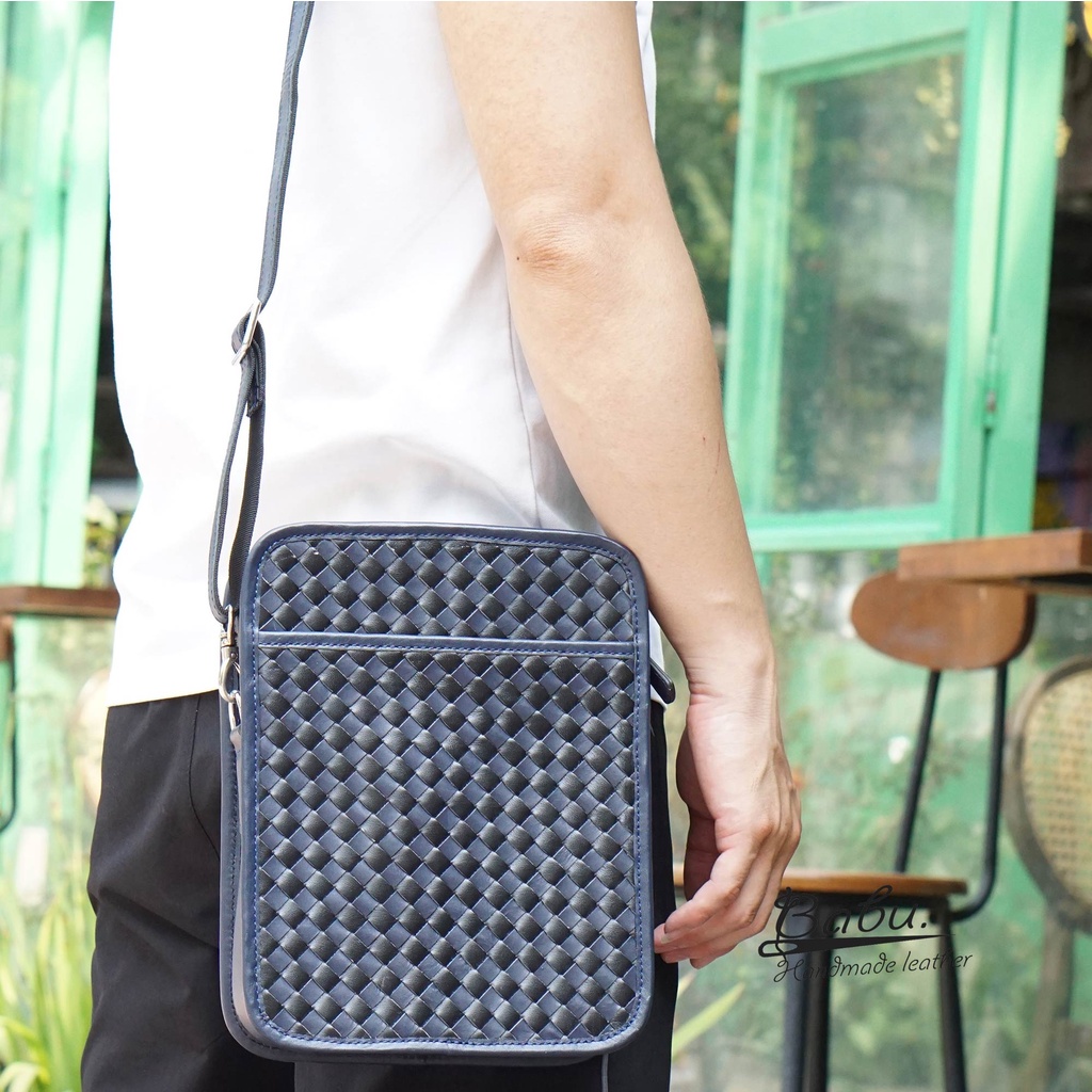 TÚI ĐEO CHÉO NAM, TÚI XÁCH DA NAM, TÚI DA BÒ XANH NAVY Babu Handmade BB011