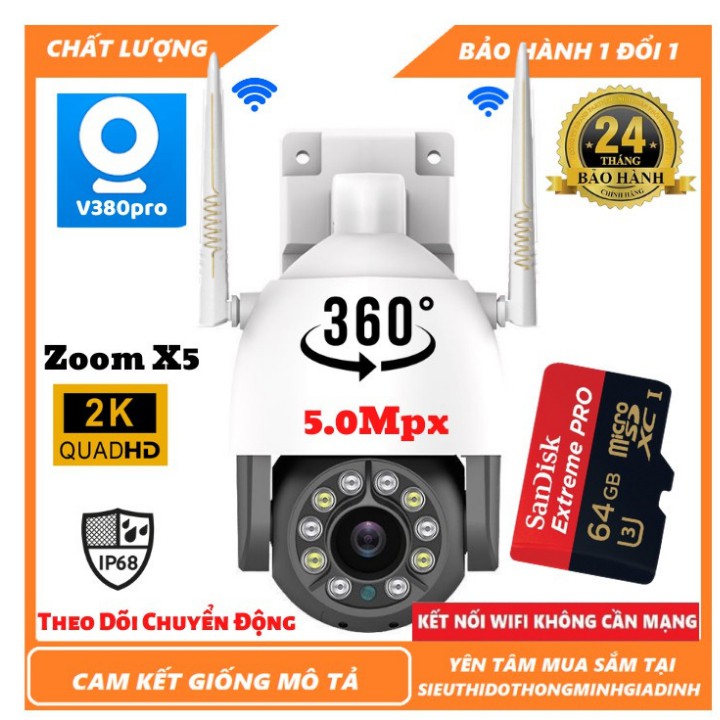 Camera wifi ngoài trời 2 râu - Camera PTZ V380Pro 5.0Mpx - 2560×1440P - Zomm x5 chống nước quay đêm có màu [BH 2 NĂM] | BigBuy360 - bigbuy360.vn