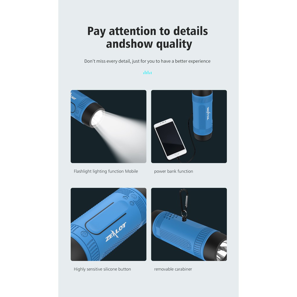 Loa Bluetooth Không Dây Zealot S1 Tích Hợp Đèn Pin Chất Lượng Cao