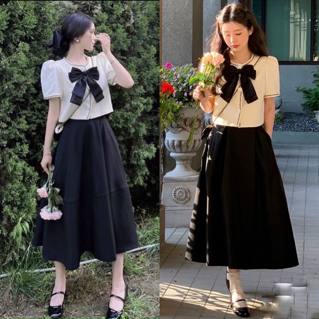 Sét áo croptop chạy viền đính nơ kèm chân váy xòe dài xinh xắn