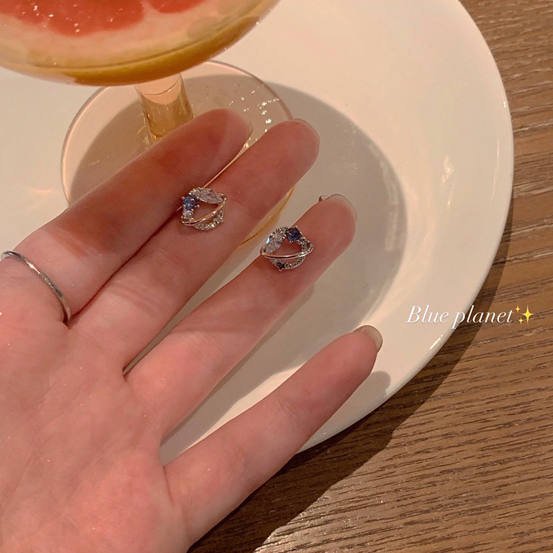 Bông Tai Mạ Bạc 925 Hình Hành Tinh Đính Đá Zircon Xanh Dương Phong Cách Hàn Quốc Cho Nữ