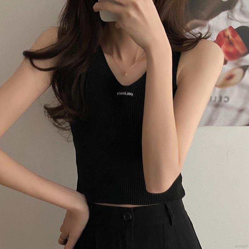 Áo Croptop Dệt Kim Sát Nách Thiết Kế Cổ Chữ V Phong Cách Hàn Quốc
