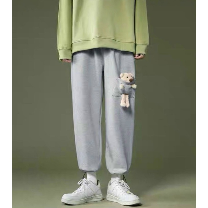 Quần Baggy Dây Rút Ống Suông, Quần Dài Nam Nữ Unisex Vải Nỉ Trơn Phối Chú Gấu Cute Thời Trang Hot Trend