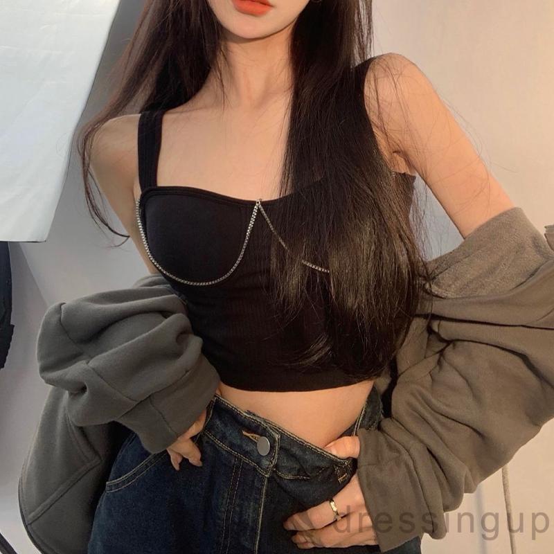 Áo Croptop Không Tay Đệm Mút Màu Trơn Phối Dây Xích Kim Loại Cho Nữ