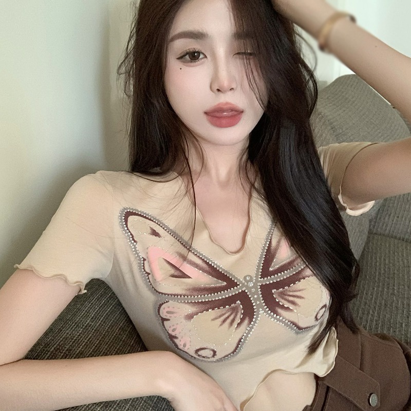 Áo Croptop Cổ Chữ V In HìNh BướM GợI CảM