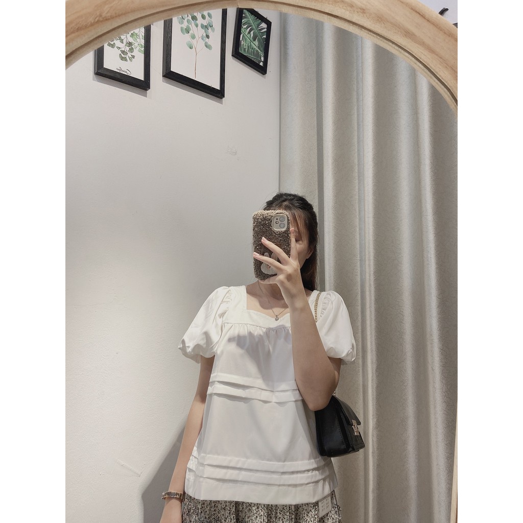 Áo Babydoll Cổ Vuông tầng [Freeship] Áo Cổ Vuông Tay Bồng 2 Màu Trắng - Nâu