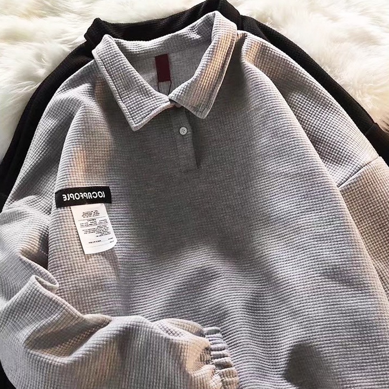 Áo thun polo tay dài dáng rộng cổ bẻ phong cách Hàn Quốc thời trang cho nam nữ