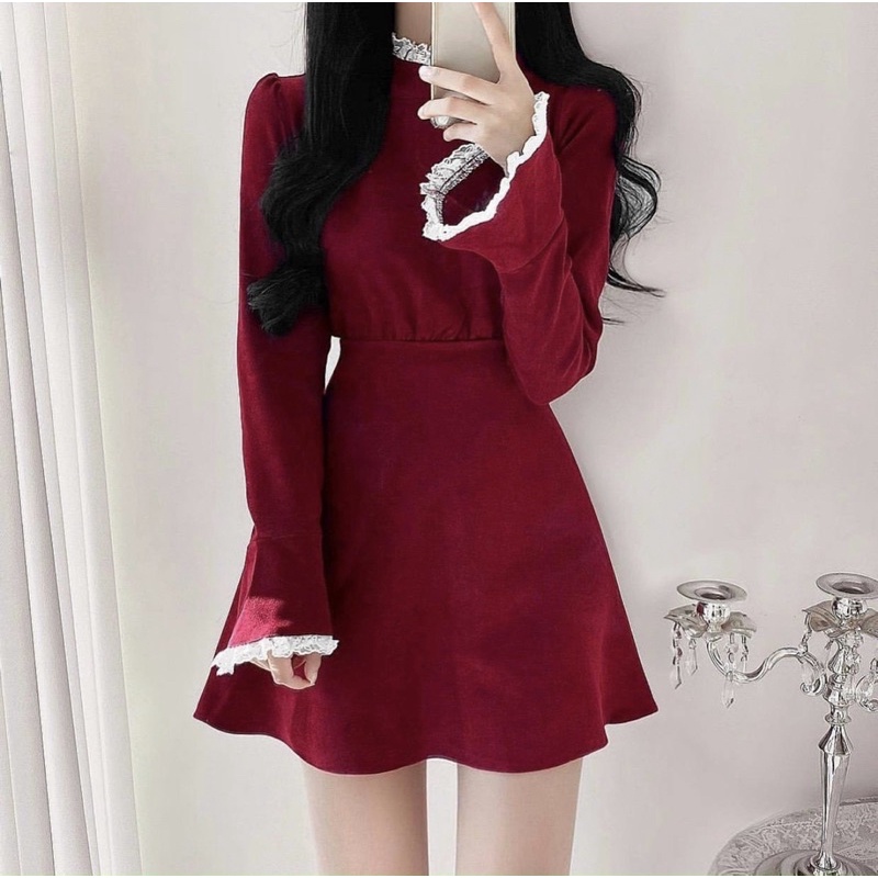 Đầm nữ đỏ phối ren trắng cột nơ lưng form chuẩn cực tôn dáng