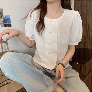 Áo sơ mi trắng cổ tròn tay cộc dọc 2 đường cúc bọc