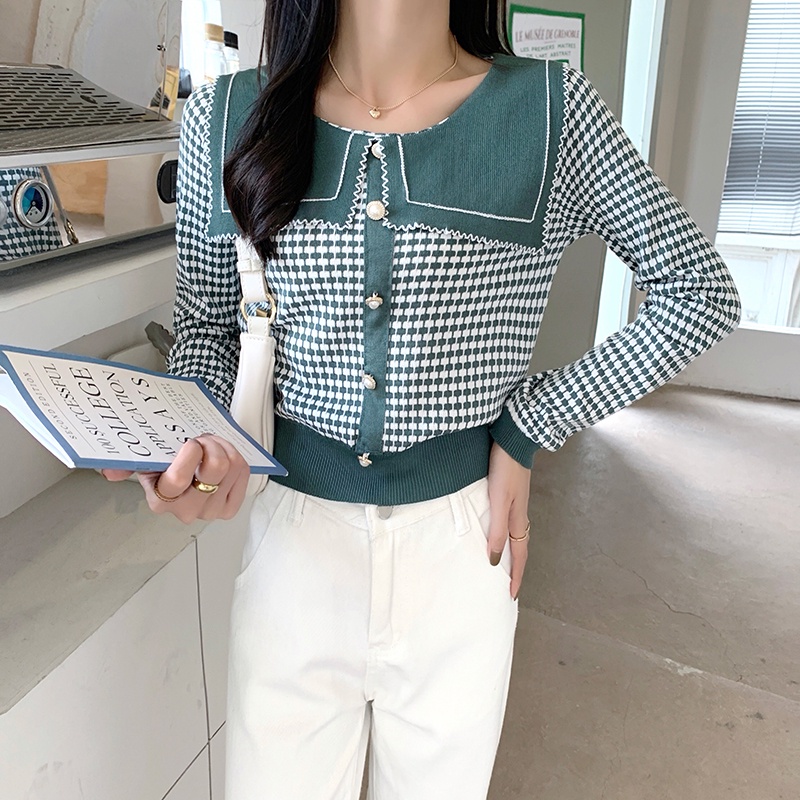 Áo dệt kim tay dài dáng rộng kẻ sọc caro hàng nút mới cho nữ