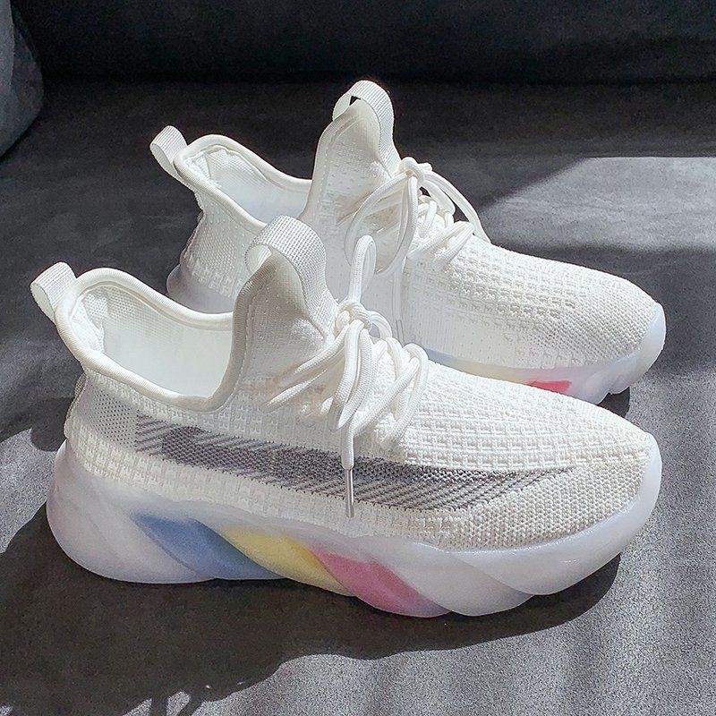 Giày Thể Thao Dệt Kim Đế Cầu Vồng Thoáng Khí Thời Trang Mùa Hè Hàng Mới Dành Cho Bạn Nữ 2021