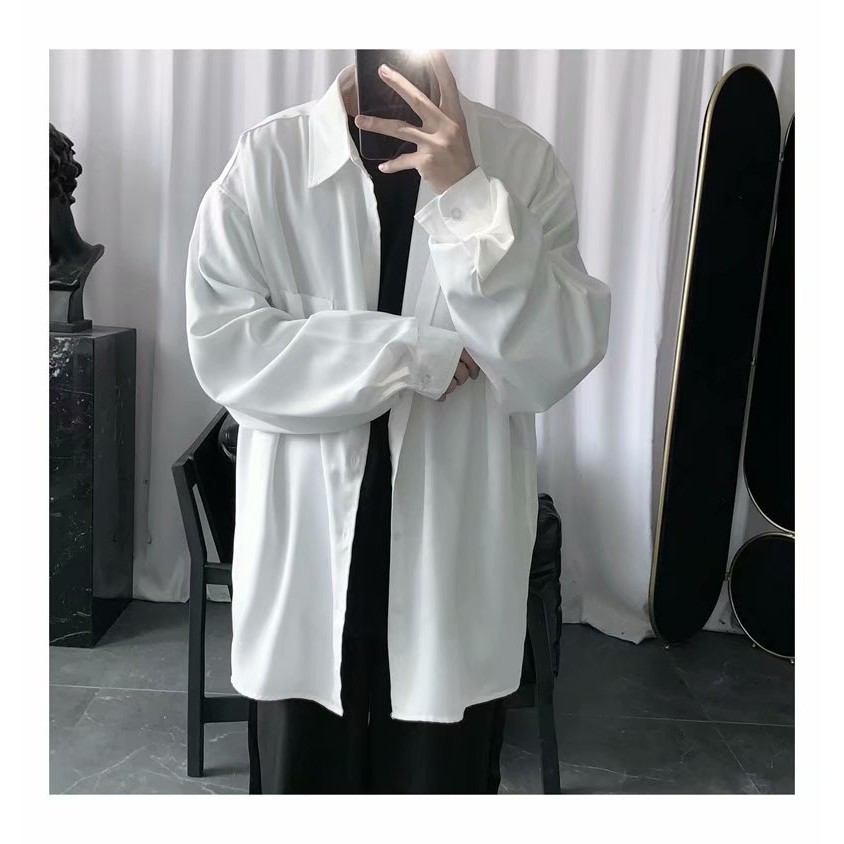 Áo sơ mi trắng tay dài dáng rộng thời trang thường ngày cho nam