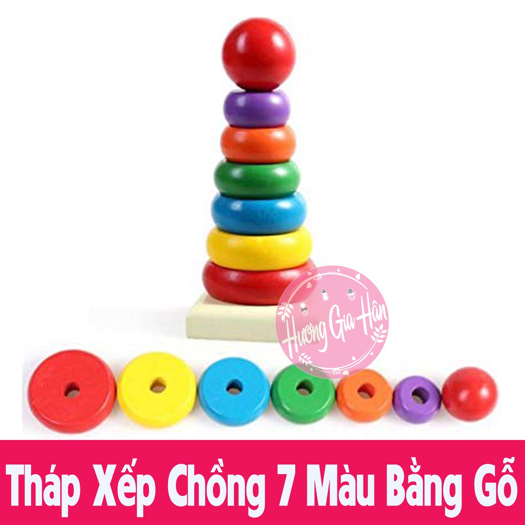 Đồ Chơi Tháp Chồng 7 Màu Bằng Gỗ - Giáo cụ Montessori Giúp Bé Nhận Biết Màu Sắc, Tập Đếm và Sự Khéo Léo