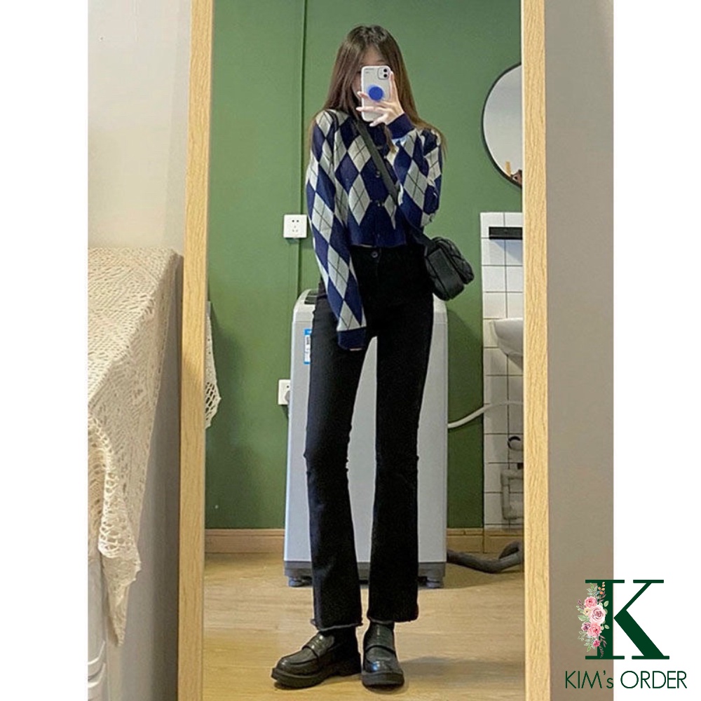 Quần Jeans Nữ Ống Đứng Màu Đen 9 Tấc Loe Nhẹ Lưng Cao, Cạp 1 Cúc, Phong Cách Ulzzang Hàn Quốc Mặc Hàng Ngày Tặng Dây Tóc