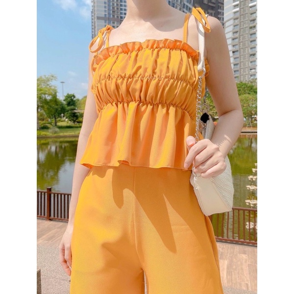 Set quần suông mix áo bèo hai dây hack dáng trắng da cực xinh