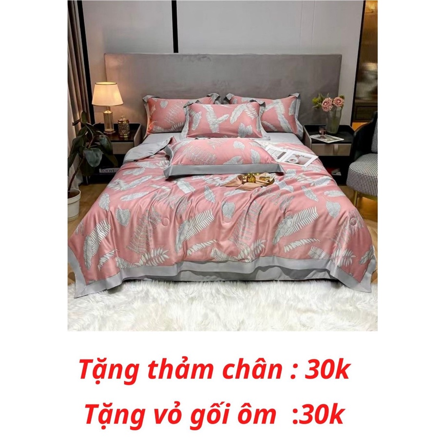 Set Chăn Ga Gối Lụa Thái Chăn Trần Bông Hè Mỏng Mềm Mát, Sét 5 món