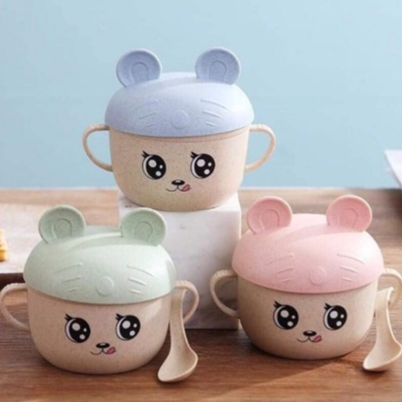 Bộ bát ăn dặm lúa mạch cao cấp kèm thìa (muỗng) có nắp hình tai mèo họ tiết xinh xắn an toàn cho bé