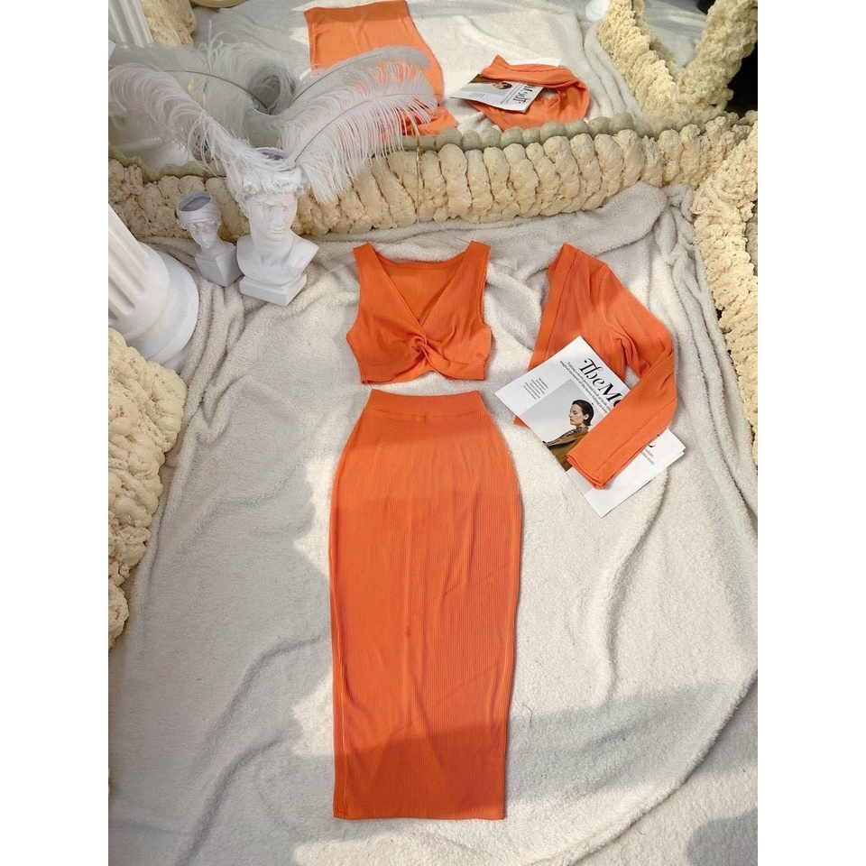 SET 3 MÓN CHÂN VÁY CROPTOP XOẮN KÈM ÁO CARDIGAN