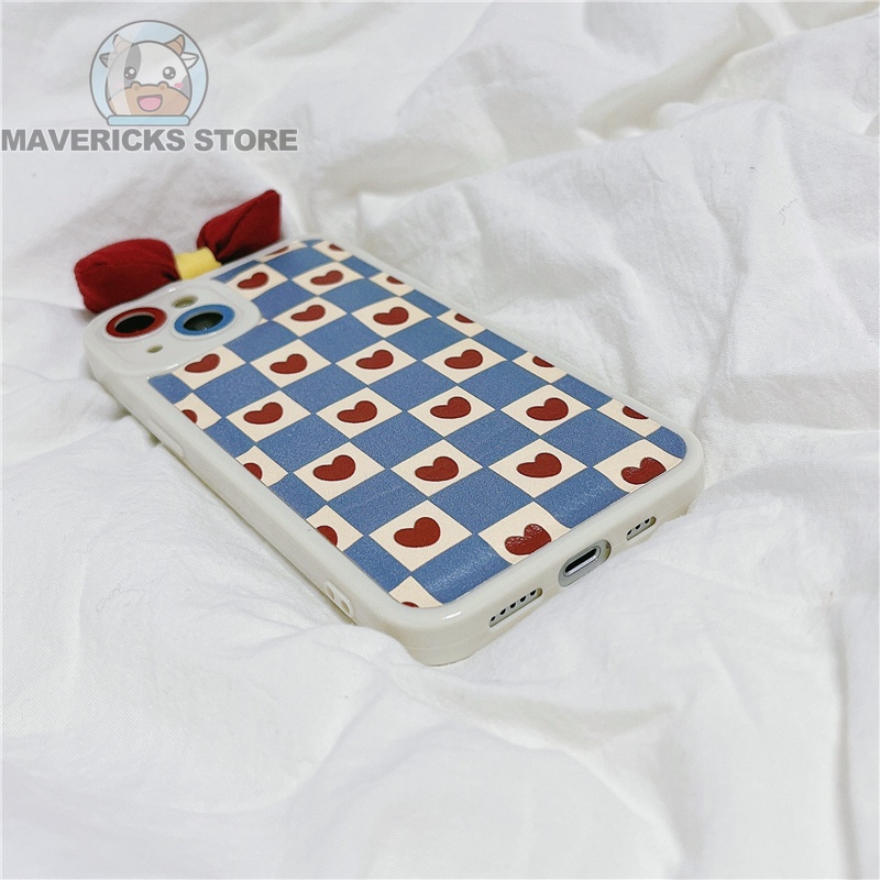 Ốp Điện Thoại Hình Trái Tim Thắt Nơ Sọc Caro Màu Đỏ Cho iPhone 12/11Pro Max X XS XR SE 13 7P 8plus