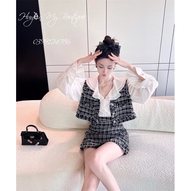 Sét dạ Tweed phối sơ mi tay phồng tiểu thư sang chảnh  Quảng Châu Cao Cấp / Sét dạ 3 món thời trang Hàn Quốc