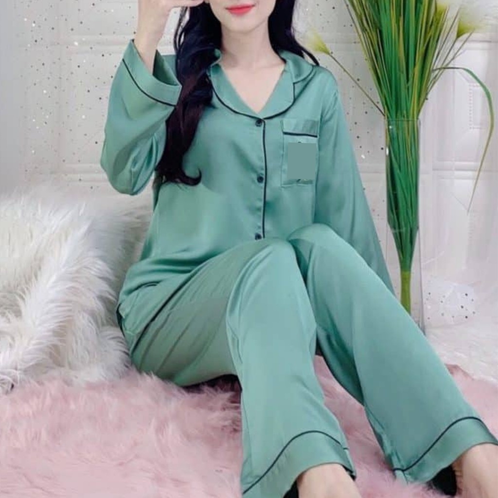 Đồ Bộ Dài Tay Lụa Satin Trơn Phối Viền Đen Trắng Cực Sanh Chảnh Và Đẹp Đồ Bộ Pyjama p01