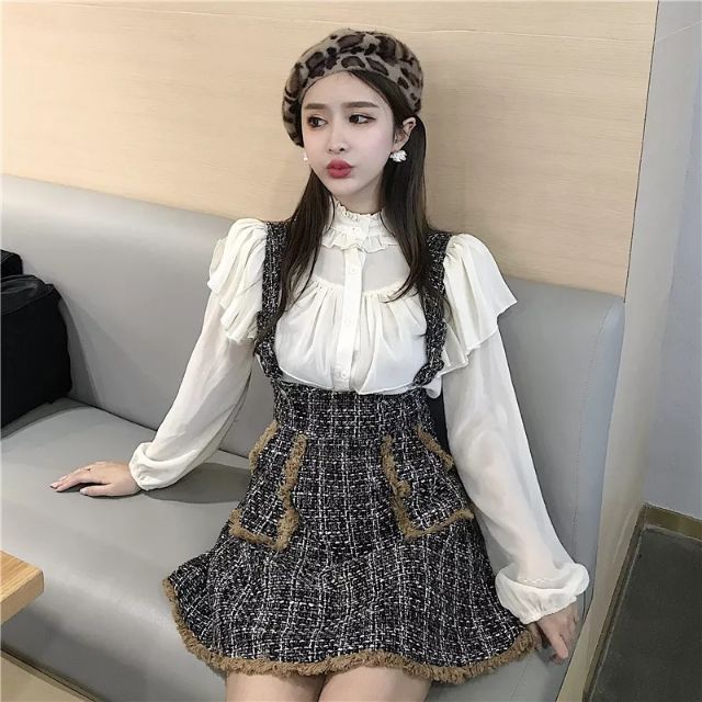Set áo voan + váy yếm 2 dây Ulzzang bánh bèo siêu xinh
