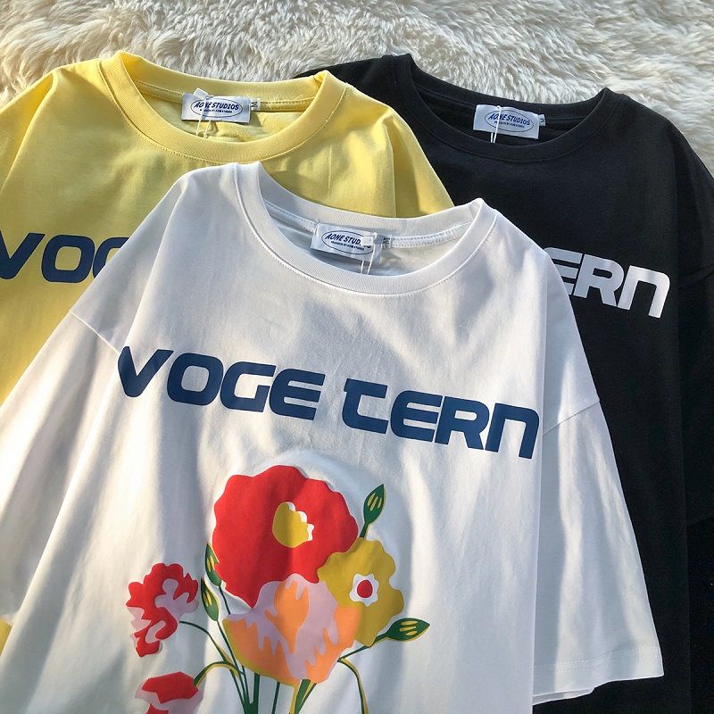 Áo Thun Cotton Tay Ngắn In Hình Hoa Phong Cách Đường Phố Âu Mỹ Cho Cặp Đôi