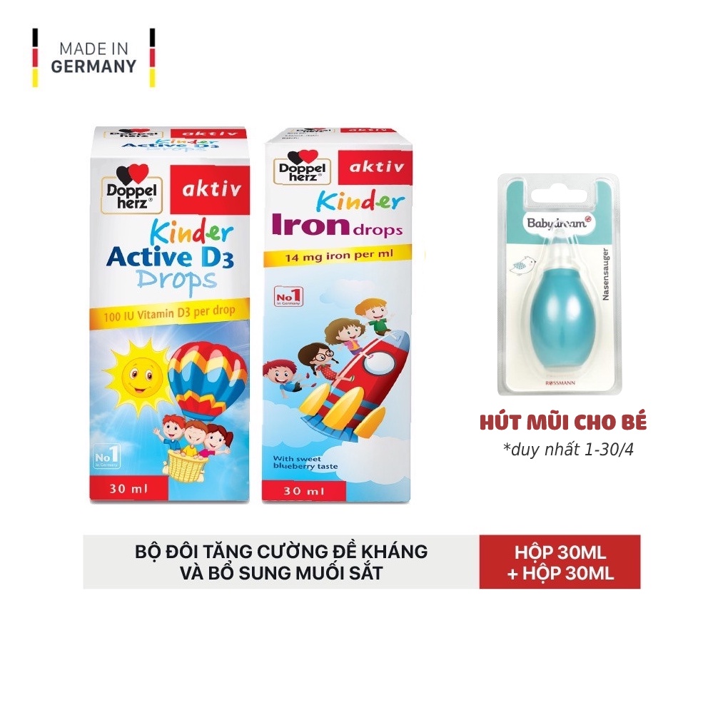 Bộ đôi tăng cường đề kháng và bổ sung muối sắt cho trẻ Doppelherz Aktiv Kinder Active D3 Drops và Iron Drops