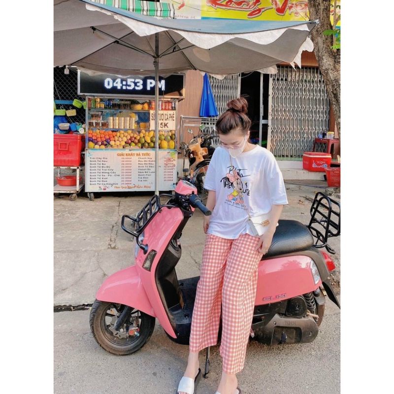 Set áo thun quần suông sọc caro