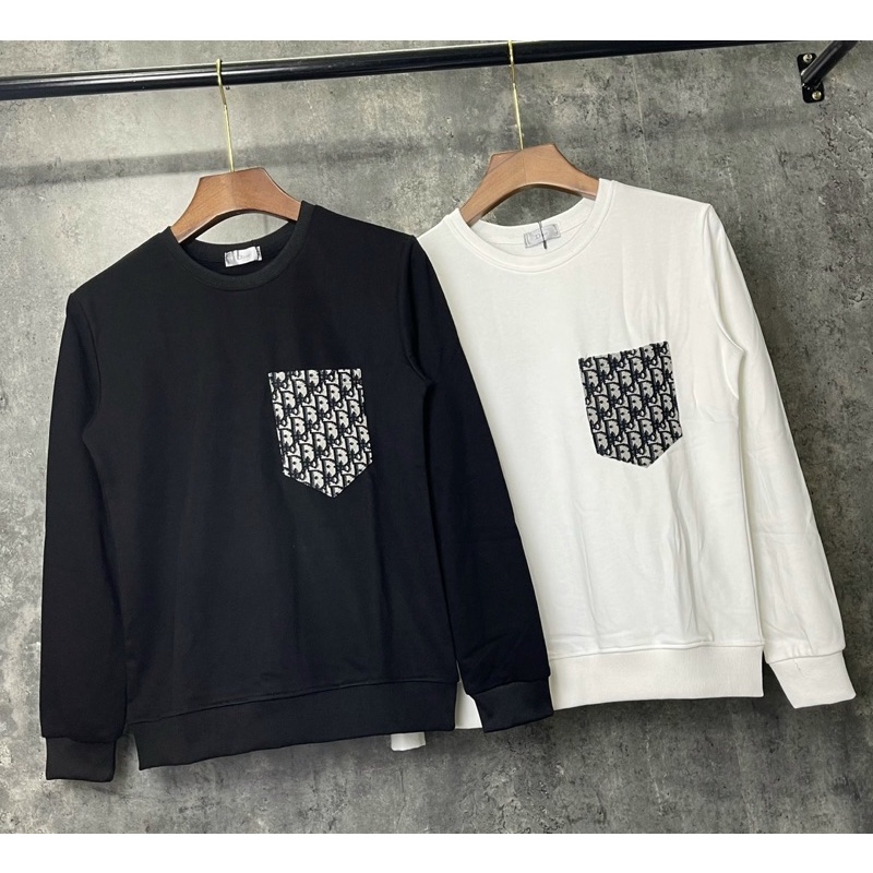 Áo nỉ dài tay hai mầu trắng đen có hoạ tiết phối túi logo dior, Áo thu đông phong cách hàn quốc btshop từ s đến xl