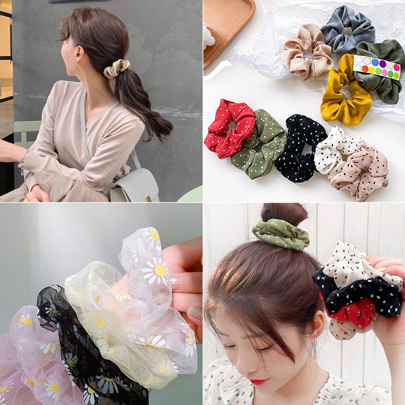 ( HOT) Dây buộc tóc, cột tóc vải scrunchies chiffon chấm bi siêu đẹp K2020