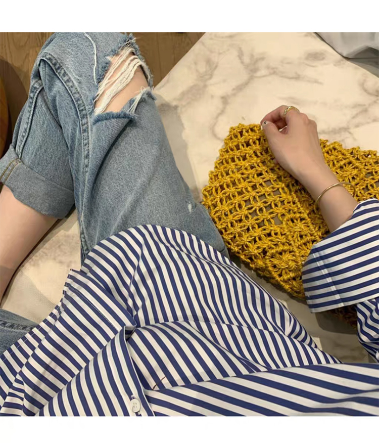 Áo sơ mi tay dài dáng rộng họa tiết kẻ sọc phong cách retro thời trang cá tính